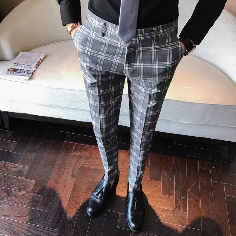 Miesten rento ruudullinen sininen harmaa slim fit housut brittiläiset housut mix väri puku housut nilkkapituus  x34