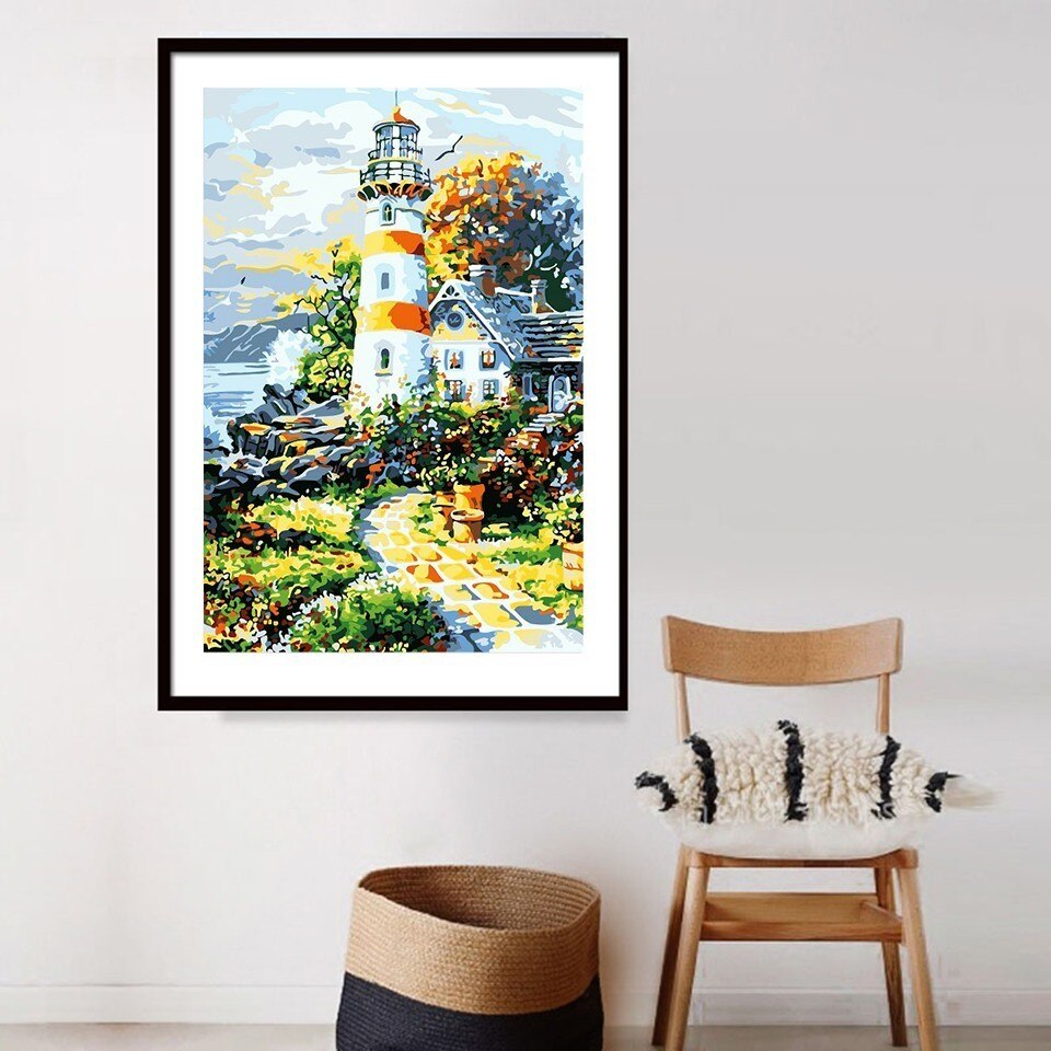 AZQSD DIY Oil Painting Lighthouse Painting By Numbers Seaside Home Decoration Paint Canvas Picture Hand Painted Modern