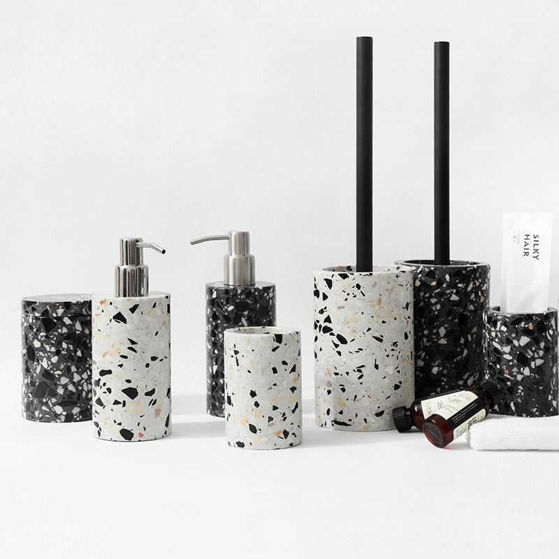 Terrazzo Bathroom Five-piece Accessories Set Wash Toothbrush Cup Toilet Brush Holder Lotion Bottle Storage Box Toothbrush Case