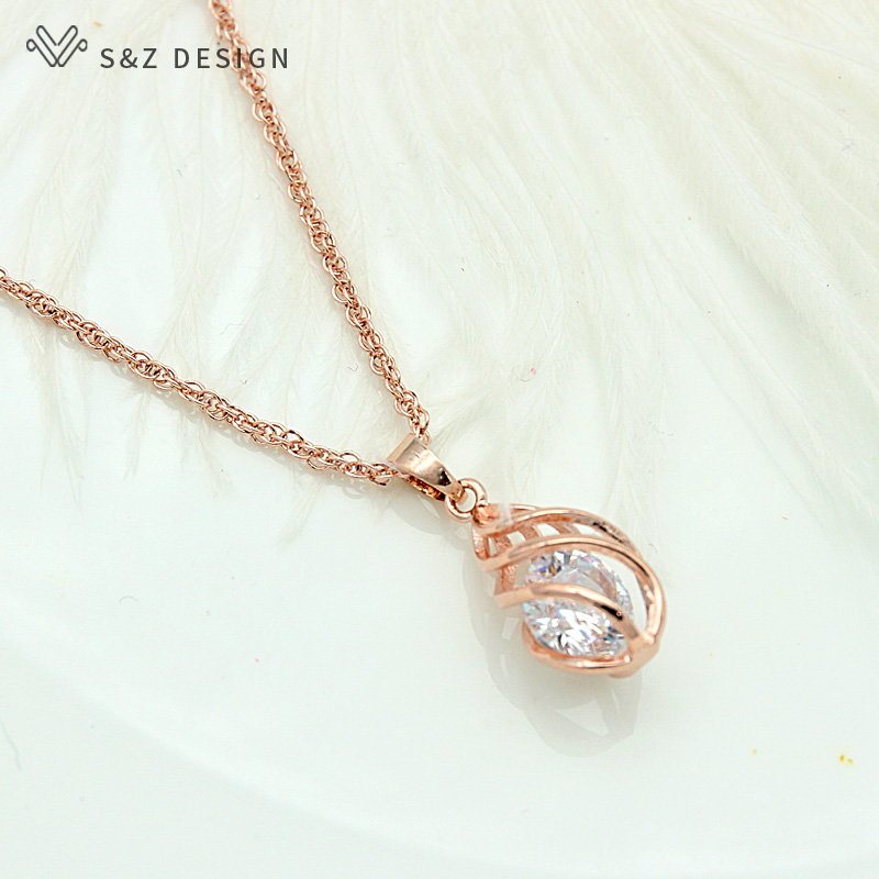 S &amp; Z Spiraal Hollow Water Dangle Zirkoon Oorbellen 585 Rose Goud Kleur Sieraden Set Voor Vrouwen anti-Allergie Eardrop