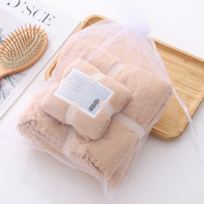 2PCS 70X140cm+35X70cm Solid High Density Coraline Coral Velvet Towel Water Absorption Soft Bathroom Towel Sets for Adults: light brown