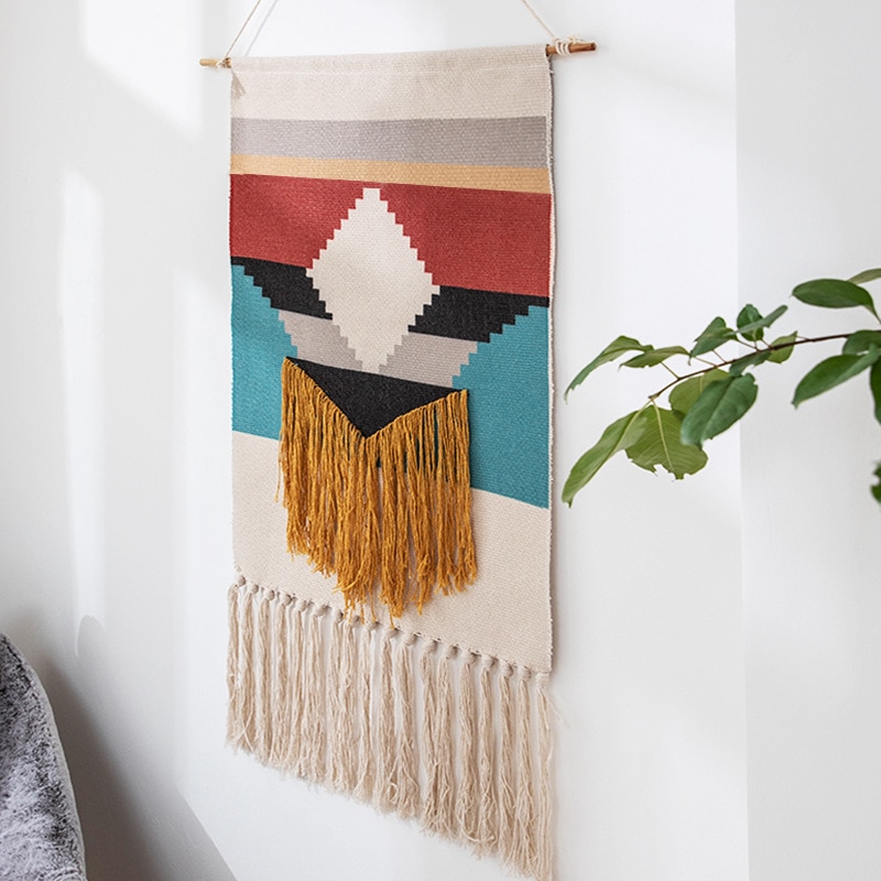Tapiz colgante de pared de macramé para decoración del hogar, borla de algodón tejida hecha a mano, lienzo geométrico bohemio, tapiz de tela de fondo artístico