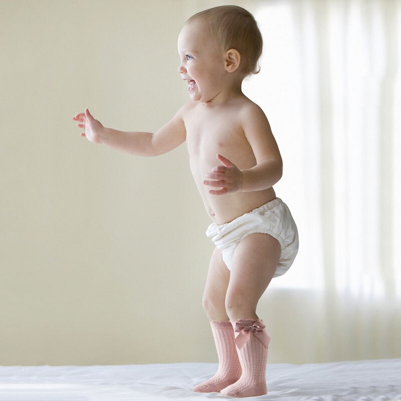 Chaussettes d'été pour bébé fille, avec nœuds, en maille, pour -né, hautes, respirantes, couleur unie, douces, en coton, pour nourrissons