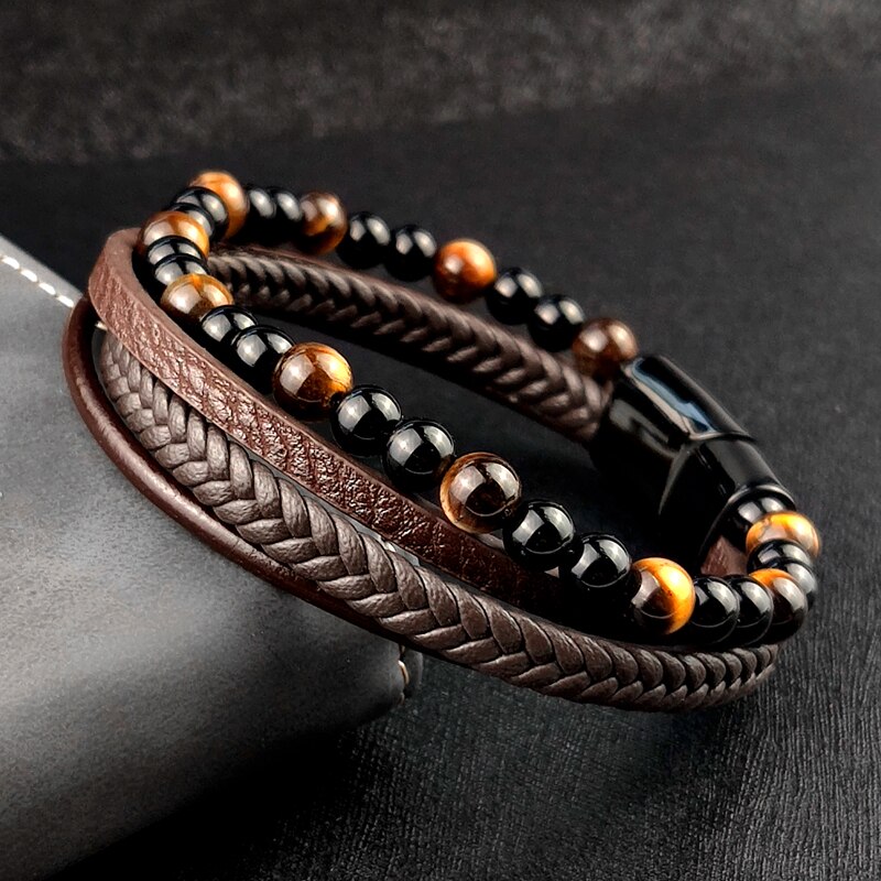 Pulseira de couro trançado para homens vintage, 4 tamanhos de tigre, pedra de amuleto, pulseira étnica rústica de aço inoxidável com contas
