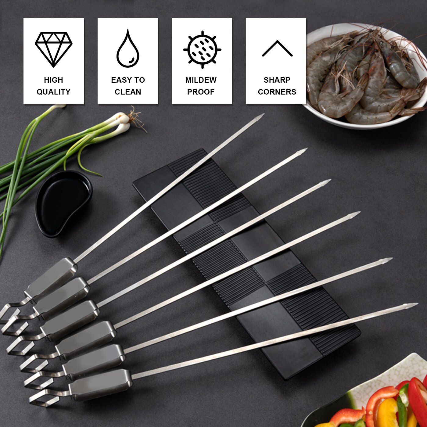 Brochetas reutilizables de acero inoxidable para barbacoa, pinchos para barbacoa, Kebab, palo de acero para acampar, utensilios de cocina, accesorios para carne, herramienta de 6 piezas