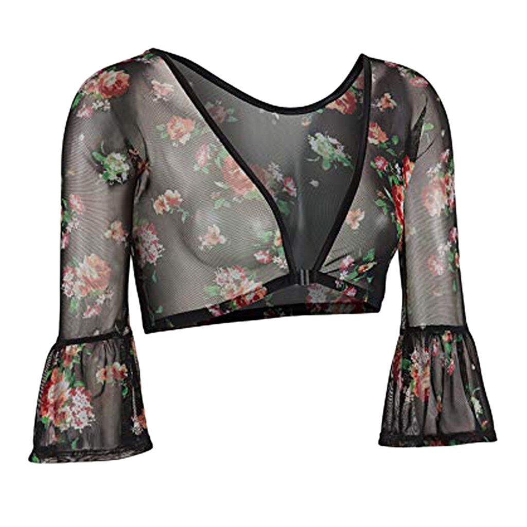 Women Both Side Wear Sheer Plus Size Seamless Arm Shaper trumpet sleeves Top Mesh Floral Blouses Perspective Cardigan tops VD7: L