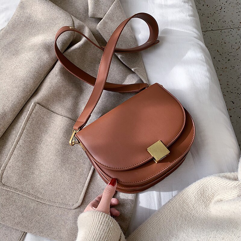 Sac à main de selle en cuir couleur Pure pour femmes, sac à main Vintage de bonne , sacoche à bandoulière à verrouillage de styliste, hiver: 19 CM Yellow Brown