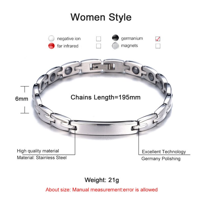 Nhgbft suave corrente saúde pulseira para homens de aço inoxidável ímã elemento germânio pulseira: 6mm