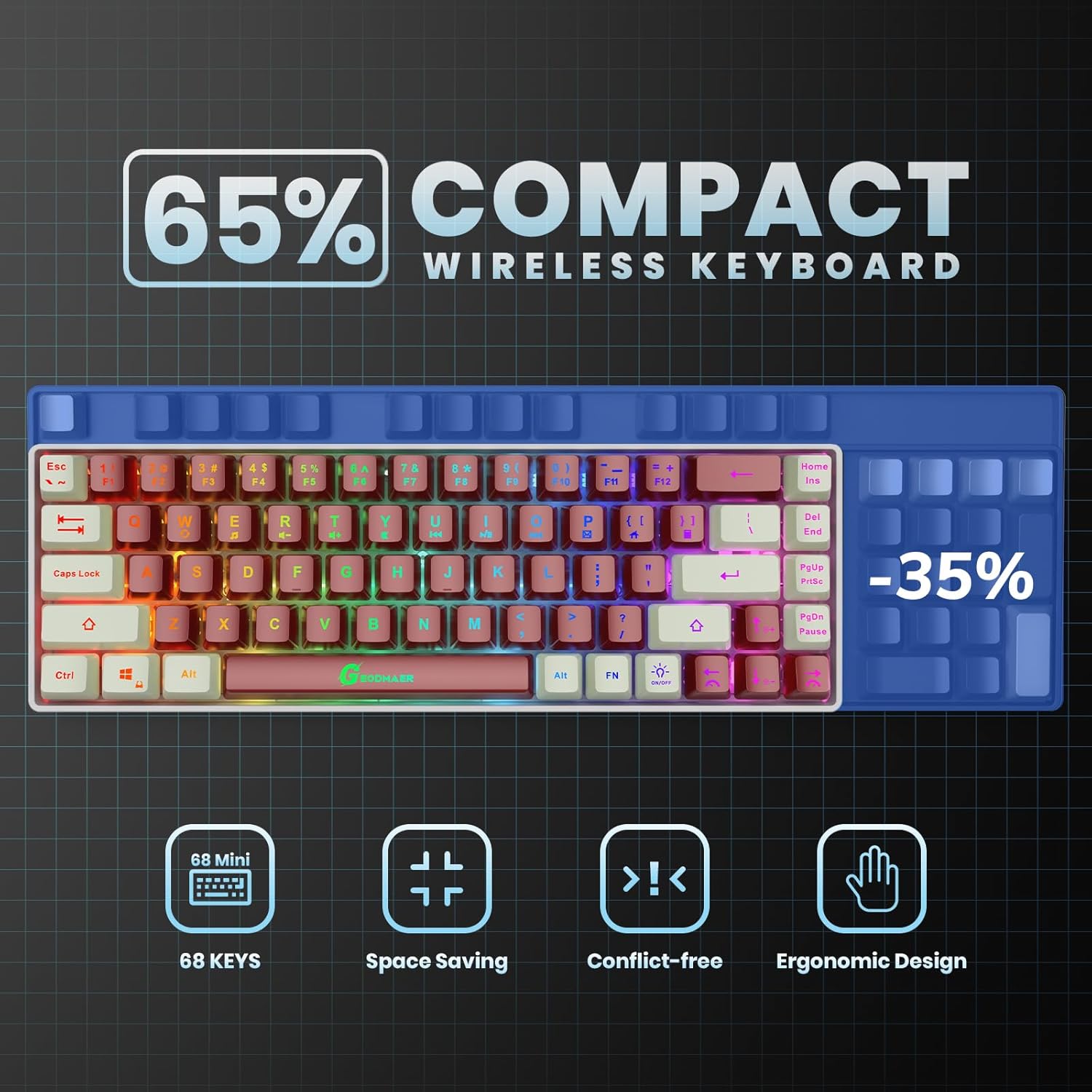 GEODMAER 2,4G teclado inalámbrico para juegos 68 teclas teclado para juegos recargable retroiluminado Anti-ghosting teclado sin conflictos para PC