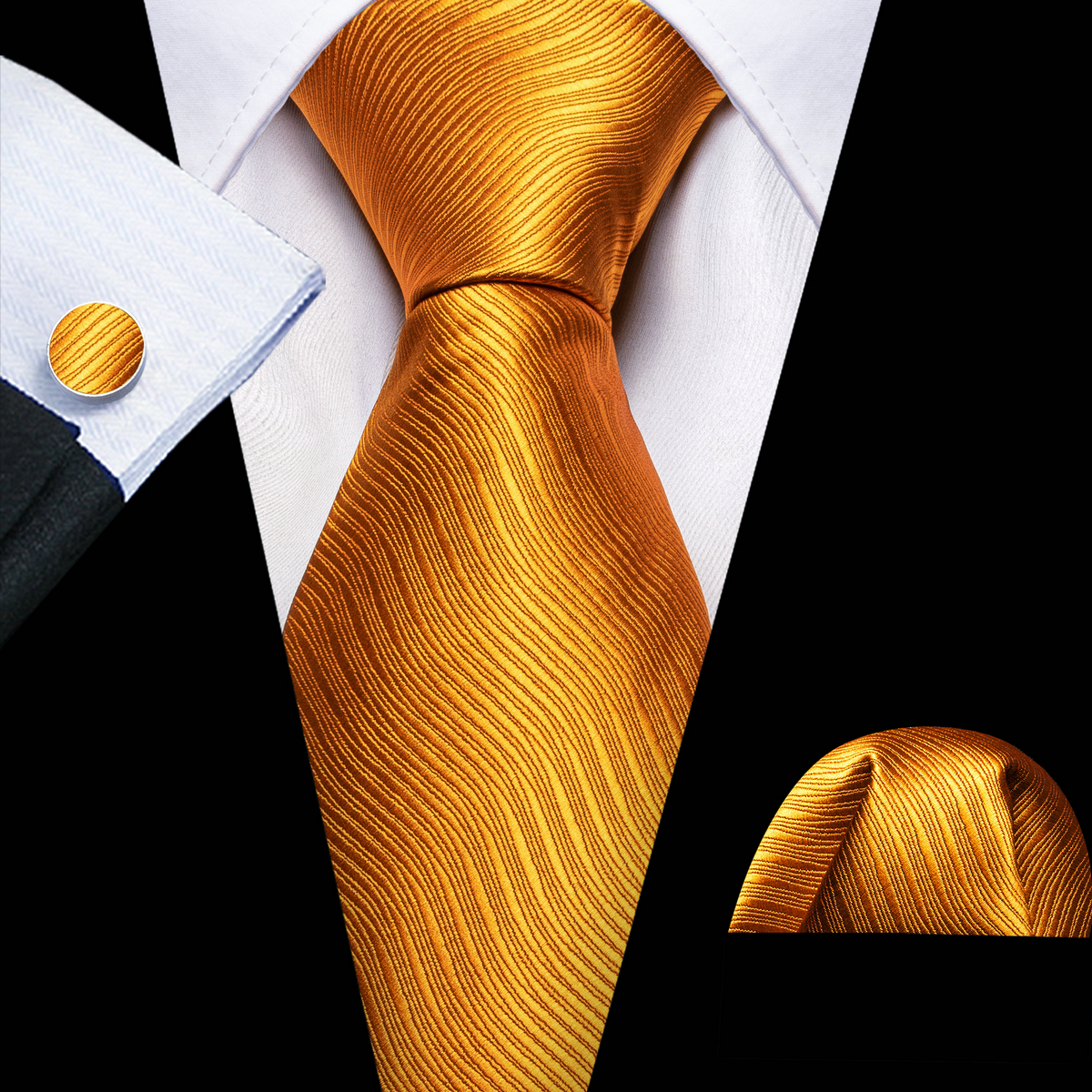 Classic Gold Silk Men Necktie Stripe Handkerchief Cufflinks Set Wedding Male Ties Business Party Barry.Wang: Blue