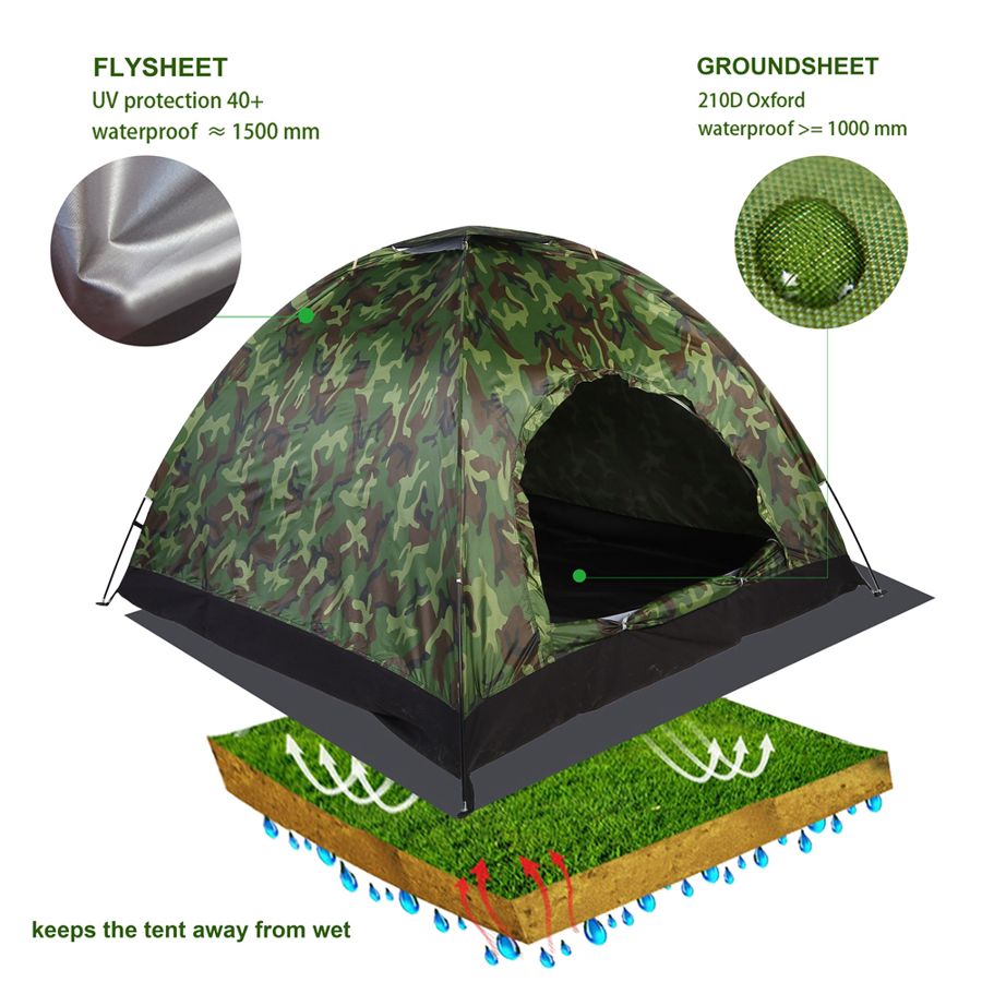 Kamouflage Campingtält - Ultralätt - 3-4 Personer - Utomhus - Vattentätt 1500mm - Aluminiumlegering