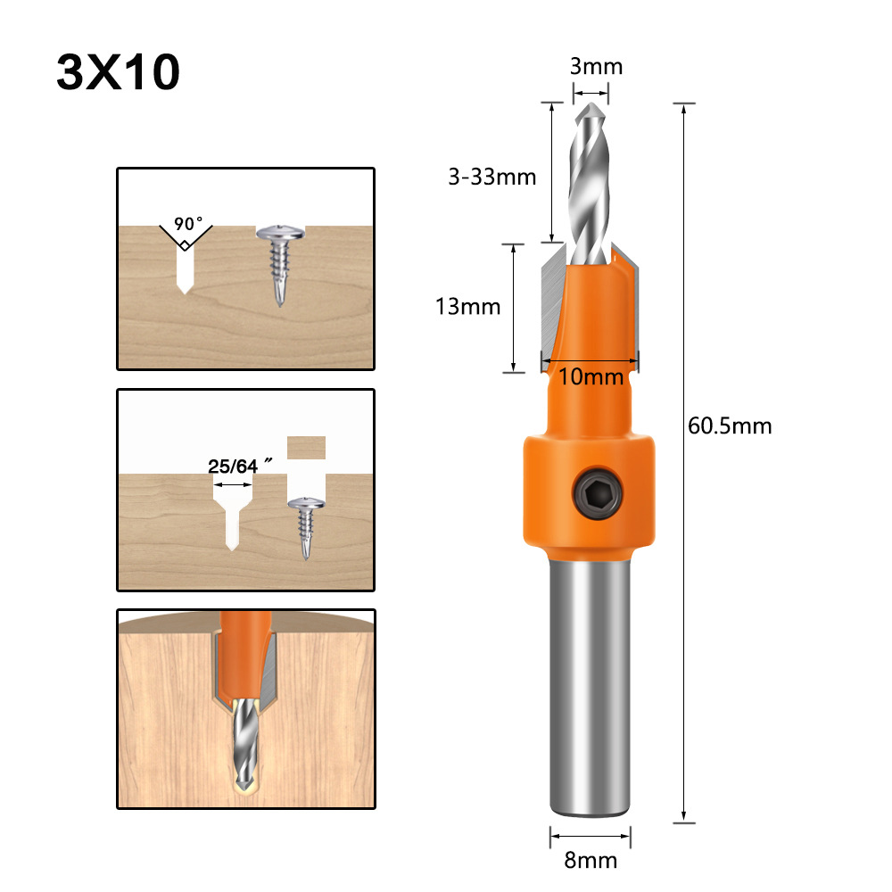 8mm Schaft HSS Holzbearbeitung Senker Bohrer Set Schraube Extractor Remon Abriss Holz Fräser Spiralbohrer Holz: 3mmX10mm