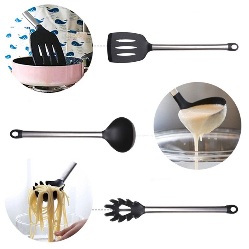 8 Piece Kitchen Utensil Set Stainless Steel and Black Silicone Modern Nonstick Utensils Cooking Tools
