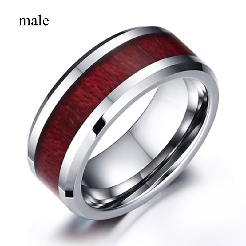Anillos de pareja a la para mujer, conjunto de anillos CZ de cristal blanco con corazón, incrustaciones de madera roja, anillo de acero inoxidable para hombre, anillo de boda, de joyería: 8 / Blanco