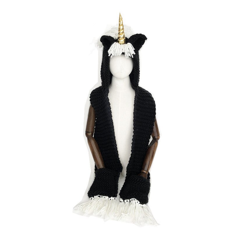 Kids Girls Rainbow Unicorn Soft Skullies Beanies Hats Shawl Scarf Set With Two Pockets Warm Knitted Bonnet Cap Christmas: B gold horn / M