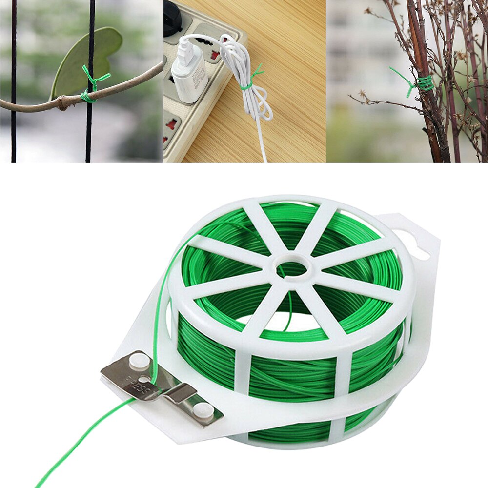 Nuttig 20/50m Tuin Twist Tie Wire Cable Reel Met Cutter Groene Twist Tie Reel PVC gecoat Plant Ondersteuning Flexibele Draad