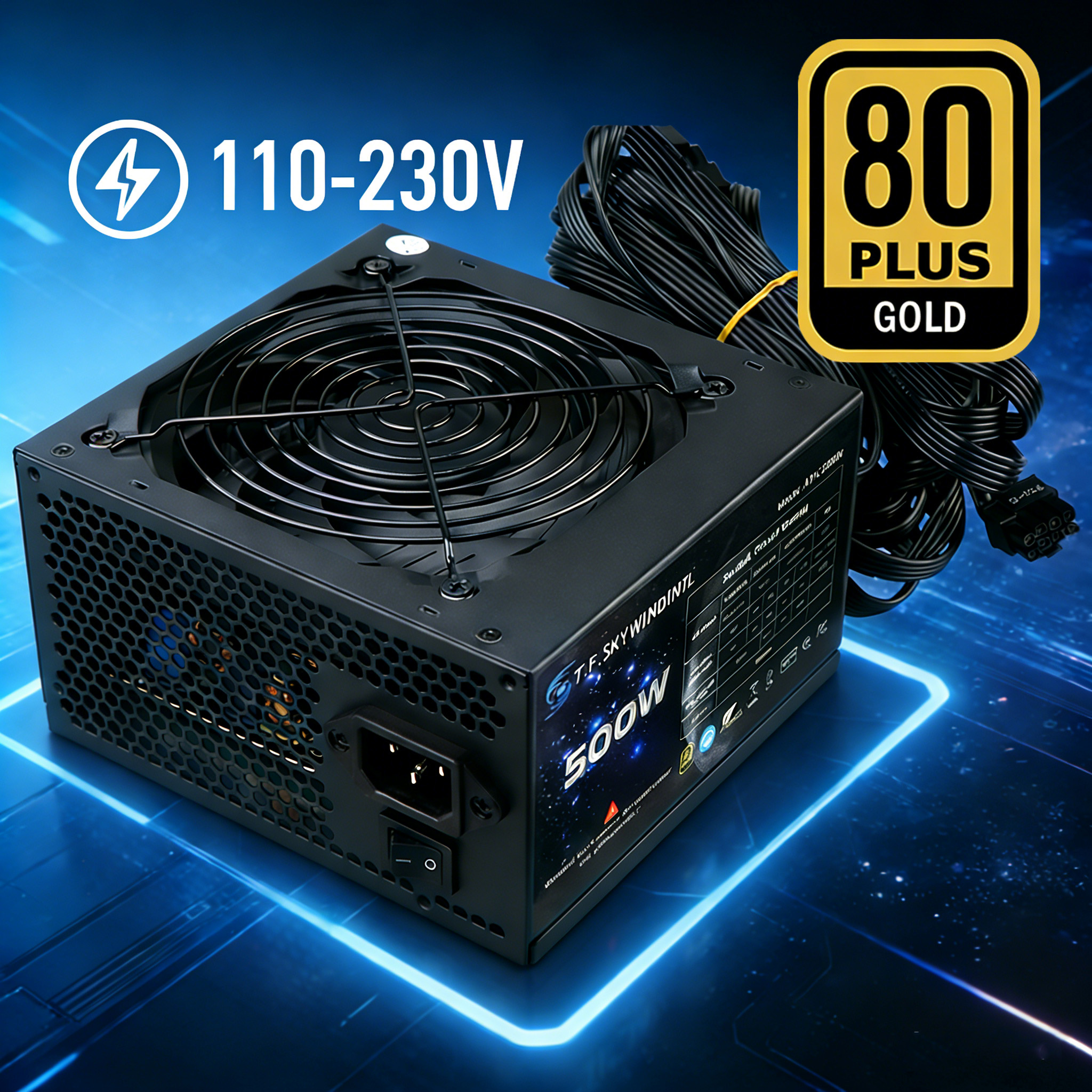 Fonte de alimentação 500W 80PLUS Gold ATX PC PSU não modular 110-230V 20 + 4PIN Ultra-silencioso adequado para jogos de servidor de computador desktop