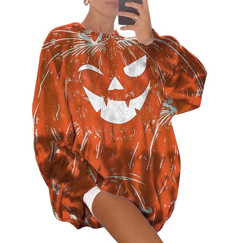 2021 bluzy z nadrukiem sweter kreskówka halloweenowa twarz ducha wycięcie pod szyją kolor dyniowy luźna bluza na codzienny jesień zima N66