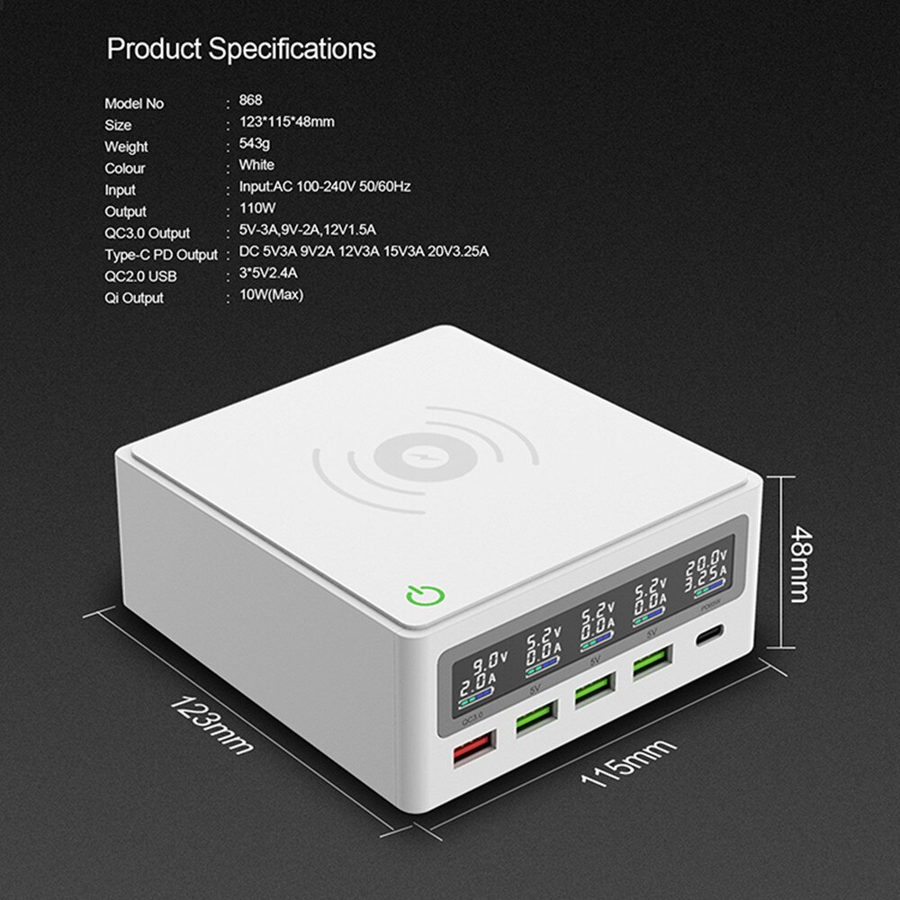 Ilepo 110W 5 Poorten QC3.0 Usb Type C Pd 65W Adapter Lcd Draadloze Oplader Cellphonetfast Lader Station voor Laptop Tafel