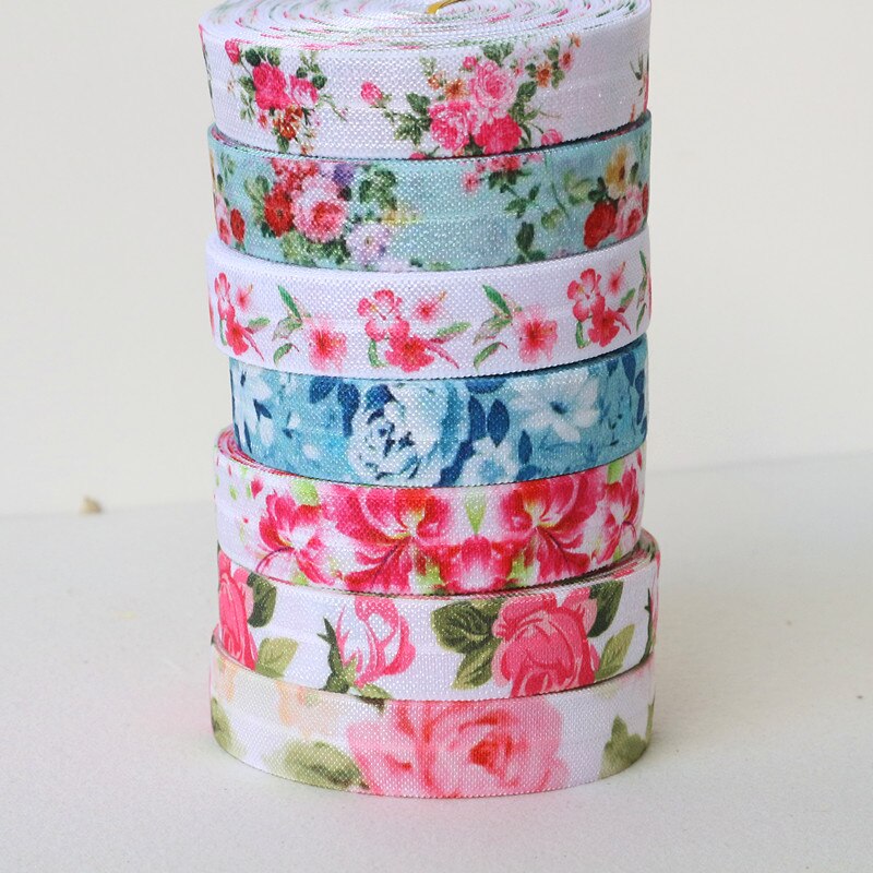 5 yards 5/8 '' 16mm blomsterprint fold over elastisk blomsterbånd til diy tøj sy tilbehør hovedbeklædning elastikbånd