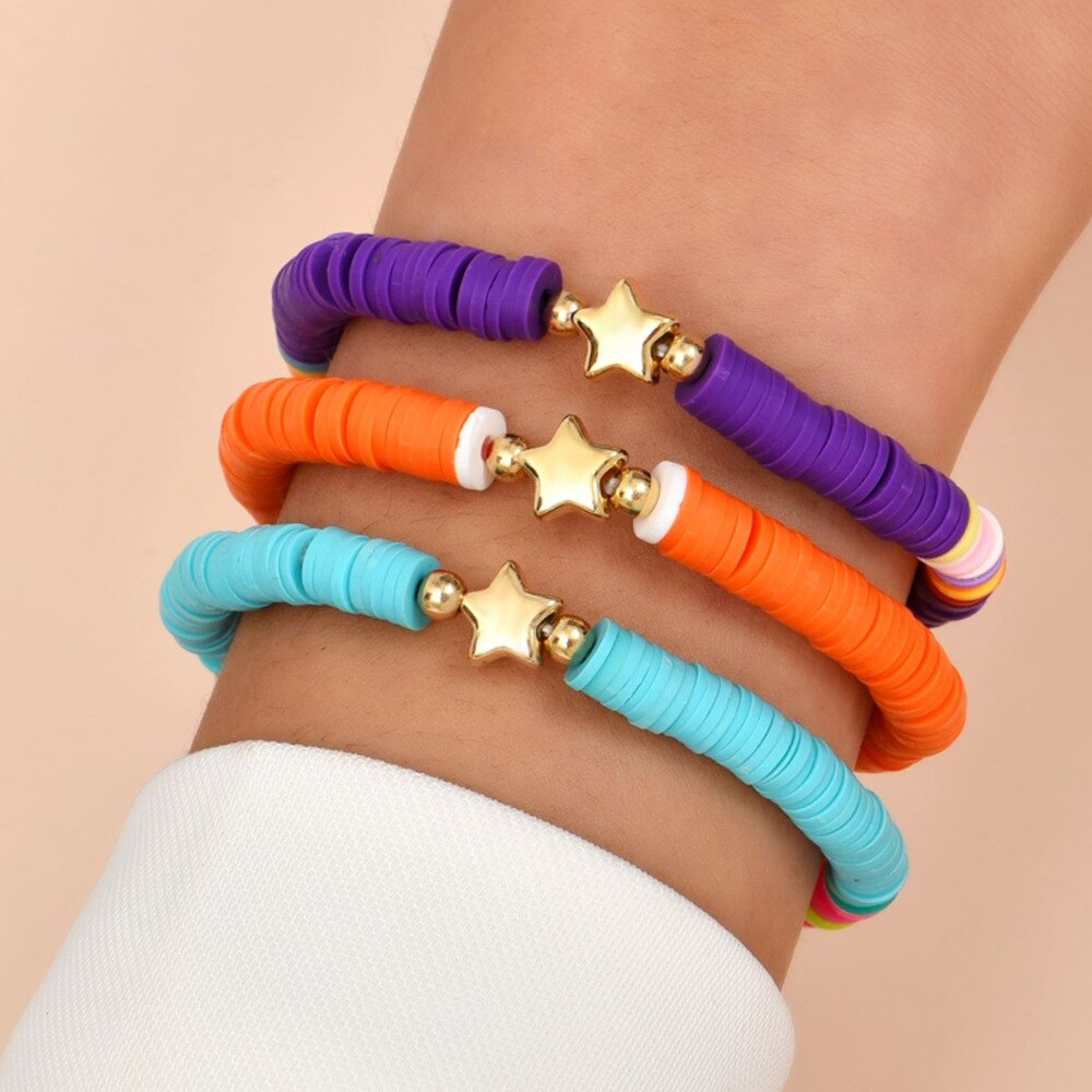 Conjunto de pulseras apilables de arcoíris para mujer, dije de corazón, arcilla suave, cuentas de capas de cerámica, brazalete de cadena, joyería Bohemia femenina: COLOR ORO ROSADO
