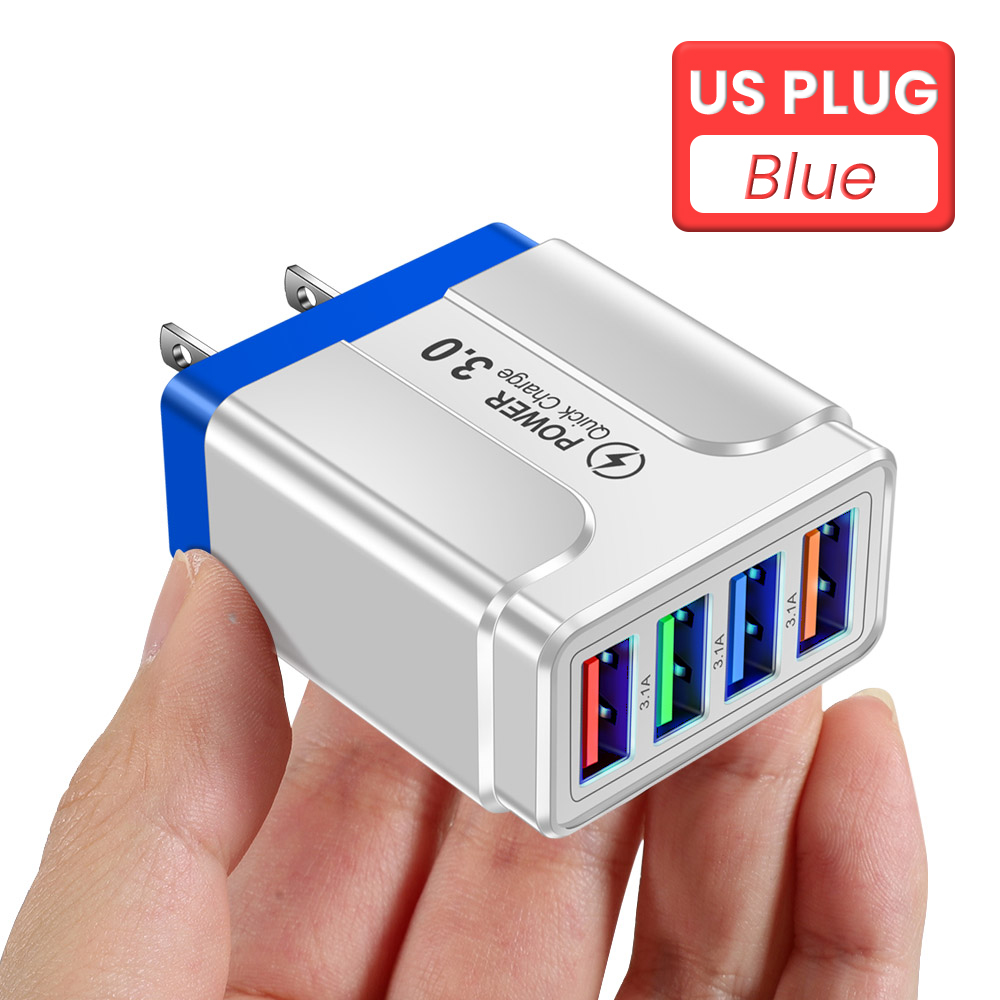 4 Poorten Usb Charger 3.1A Quick Charge Travel Charger Eu/Us/Uk Plug Snel Opladen Lader Voor iphone 13 12 Pro Xiaomi Redmi: BLUE US PLUG