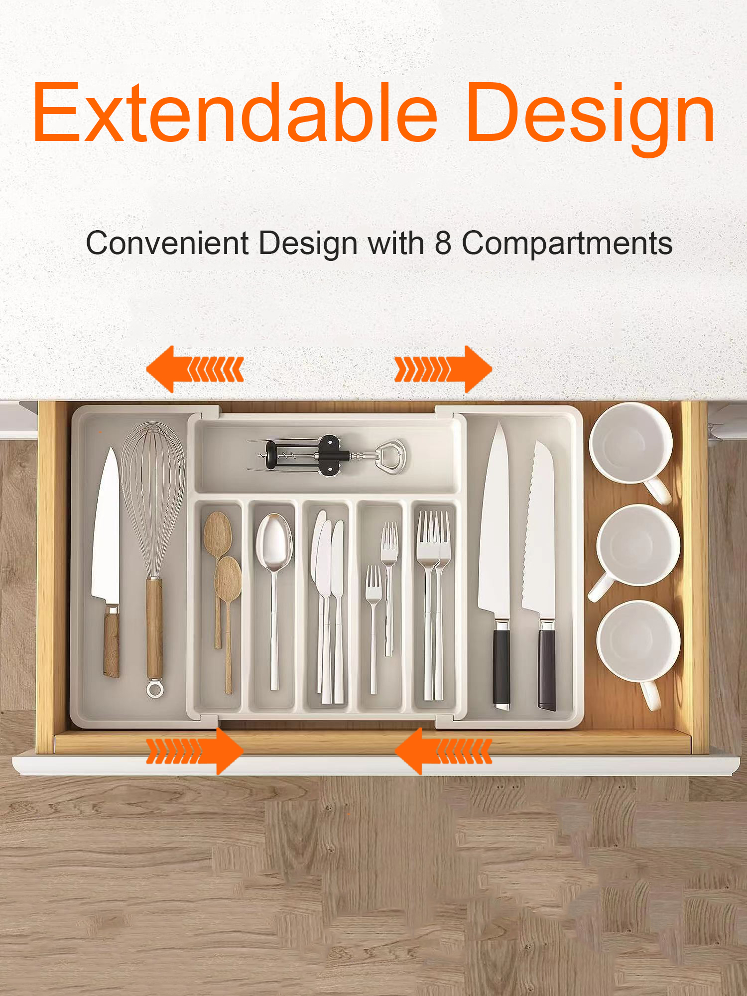 Expandable Kitchen Drawer Organizer - Adjustable Retractable Cutlery Storage Box with Dividers for Utensils, Home Organization