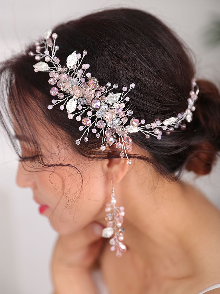 Diadème de mariée, boucles d'oreilles et bandeau en cristal Rose, serre-tête en or Rose et argent pour femmes, accessoires de mariage, décoration