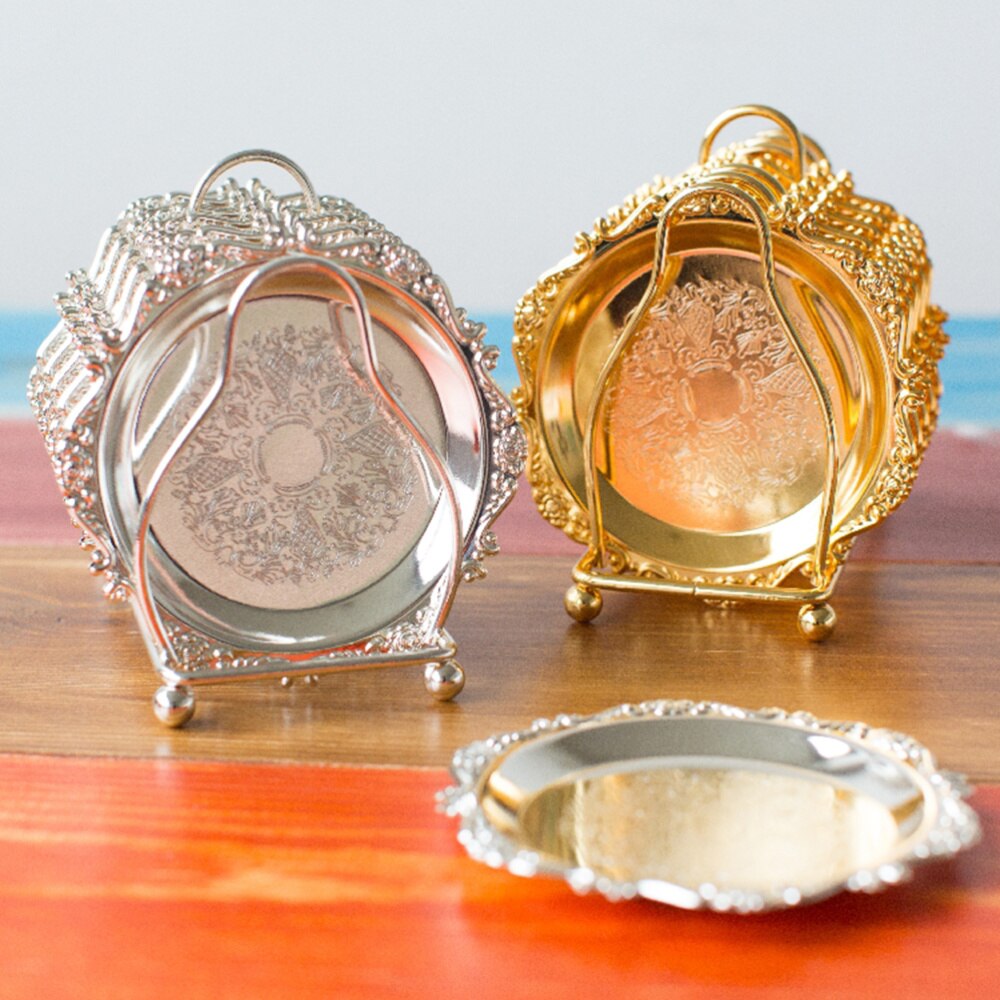 6PCS Mini Cake Dish Fruit Platter Dessert Plate Snacks Tray Decorative Tableware with Rack for Wedding Party Home (Golden)