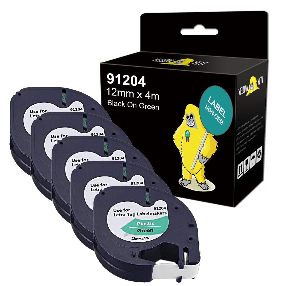 5x Label Tape Compatible Dymo Letratag 12mm x 4m Plastic Tape for LT-100H LT-100T: 5* Black On Green