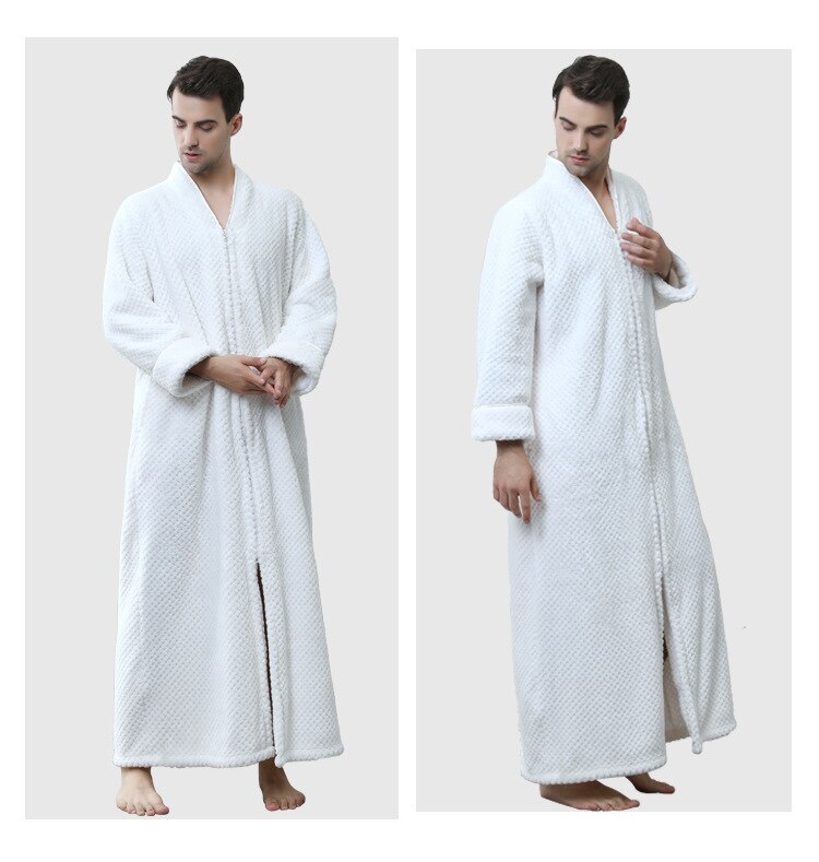 Menn glidelås sovekåpe ren farge dobbel dekk fortykket behagelig varm strikket langermet løs flanell myk pyjamas badekåpe