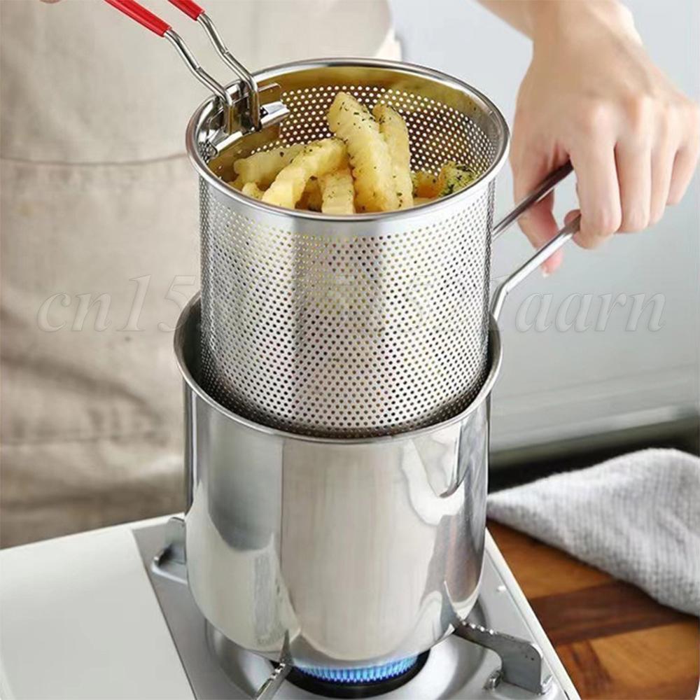 Poêle à frire profonde en acier inoxydable avec panier à passoire, marmite multifonctionnelle, friteuse à tempura, outils de cuisson frits jetables