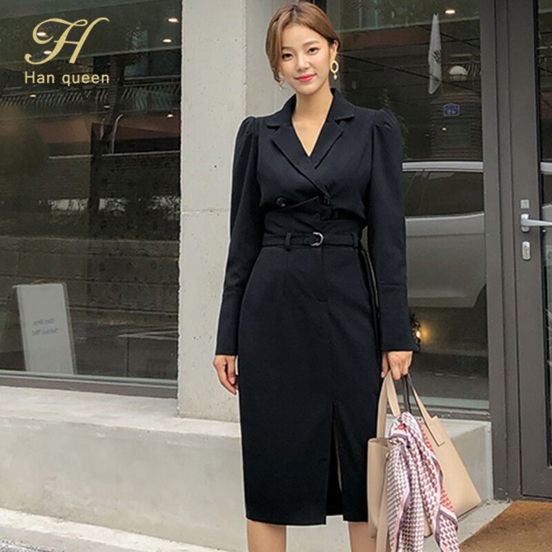 H Han Queen-Conjunto de 2 piezas de chaqueta y Falda de tubo de cintura alta para mujer, traje de trabajo coreano de invierno con doble botonadura