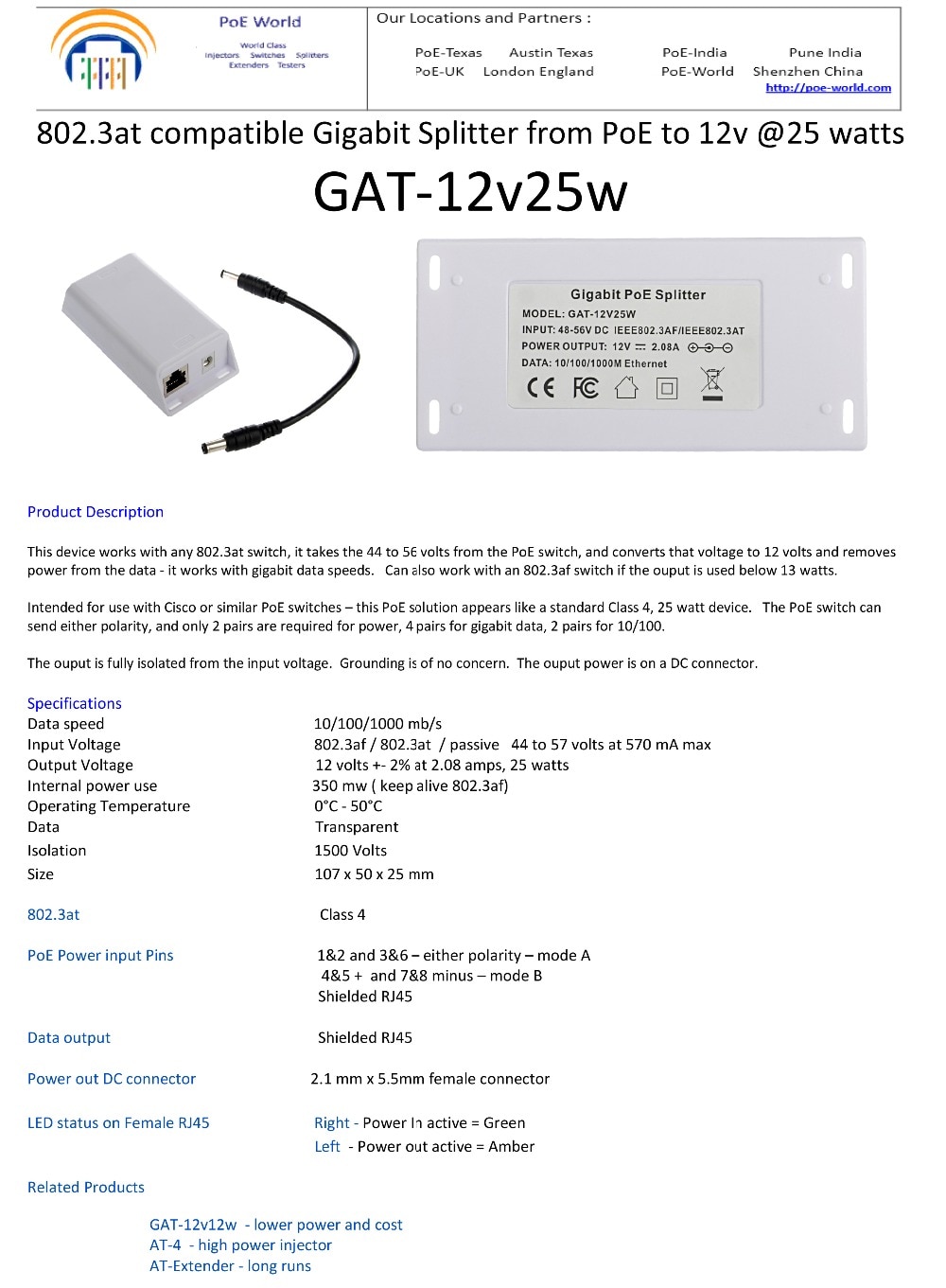 Gigabit PoE Splitter 1000Mbps Ethernet speed power over ethernet splitter with 12 Volt 25 Watt output for 12V non-poe devices