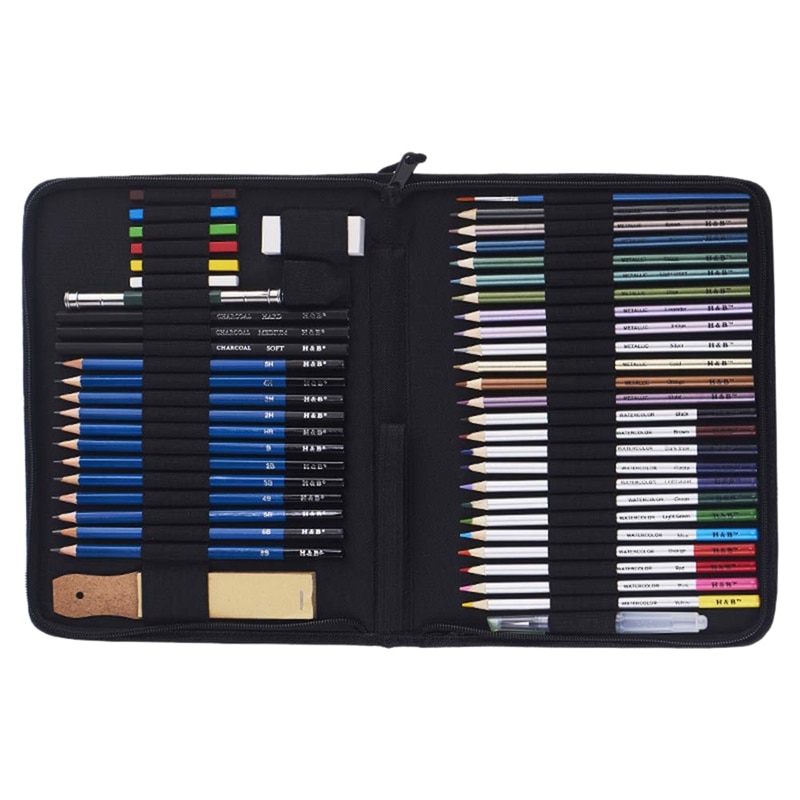 H & B 51 unids/set Kit de dibujo lápiz de madera dibujando lápices boceto de arte suministros de pintura con bolsa de transporte: Default Title