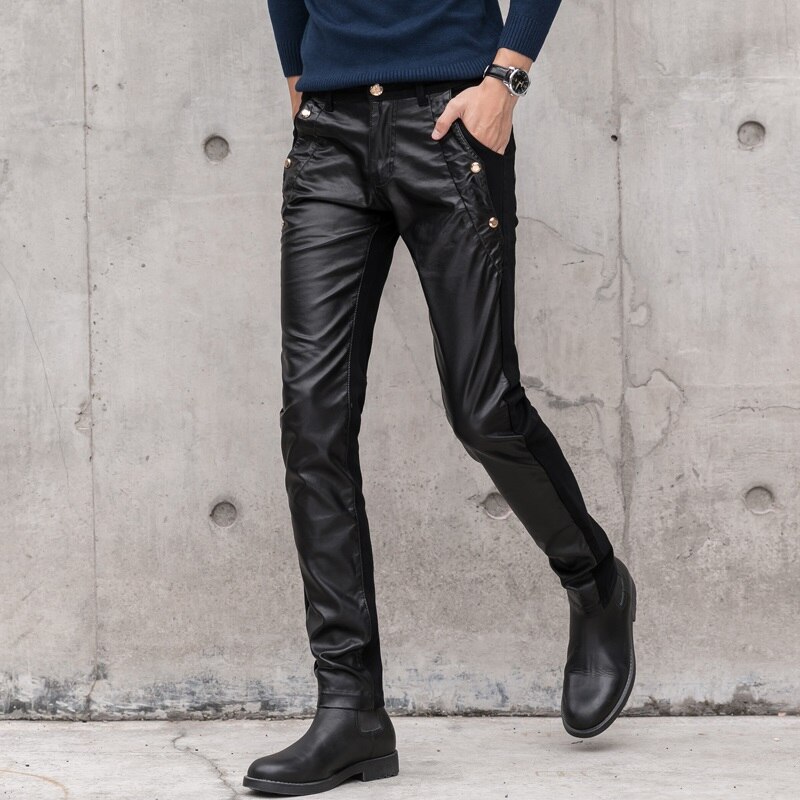Mænds bukser imiteret læder jeans spliced denim bukser male stretch slim fit punk stage singer motorcykel casual bukser mænd