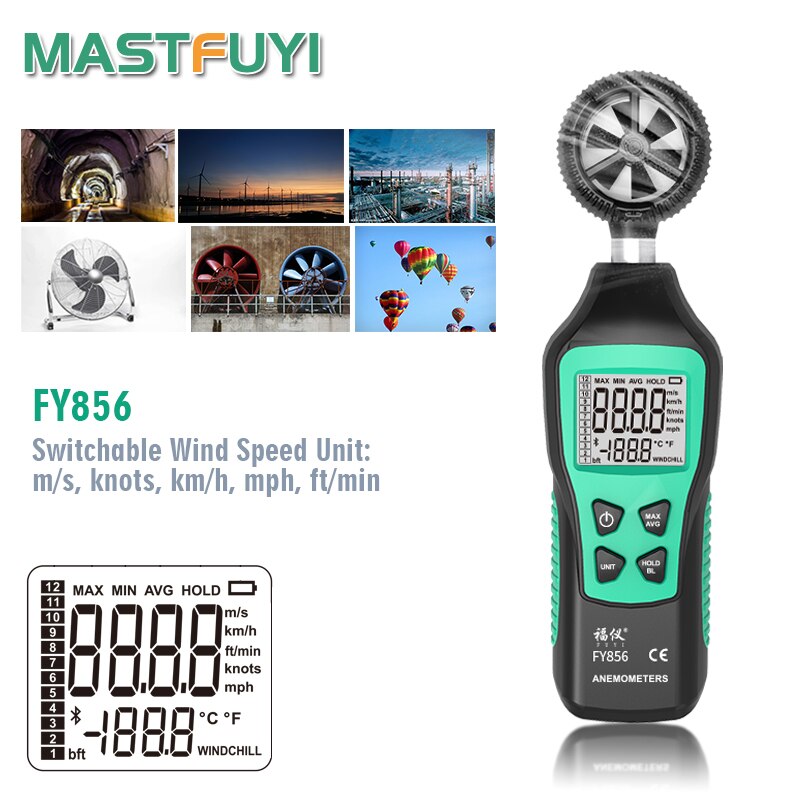 Mastfuyi  fy856 digital vindmätare som mäter vindhastighet handhållen vindhastighetsmätare med termometerbakgrundsbelysning lcd-skärm