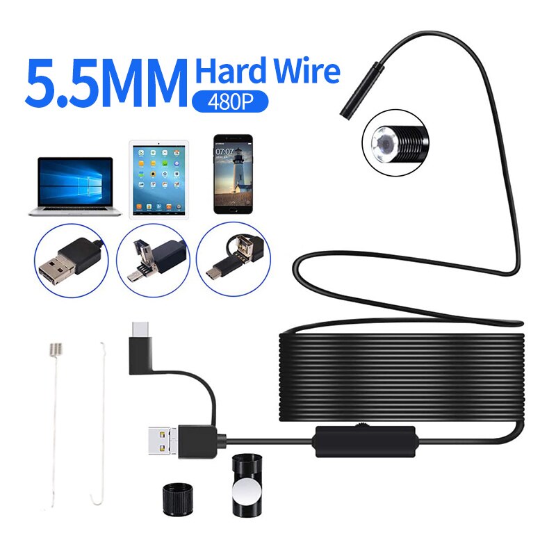Caméra endoscopique Flexible IP67 étanche, Micro USB type-c 5.5mm 7mm, caméra d'inspection pour téléphone Android PC 6 LED réglable: 1m / 5.5mm