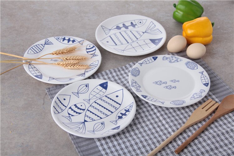 Dinner Plates Fish Pattern Ceramic Plates 8*inch Dinnerware Porcelain Flat Plates Pastry Cake Tray Party Plate Dishes Fruit Dish