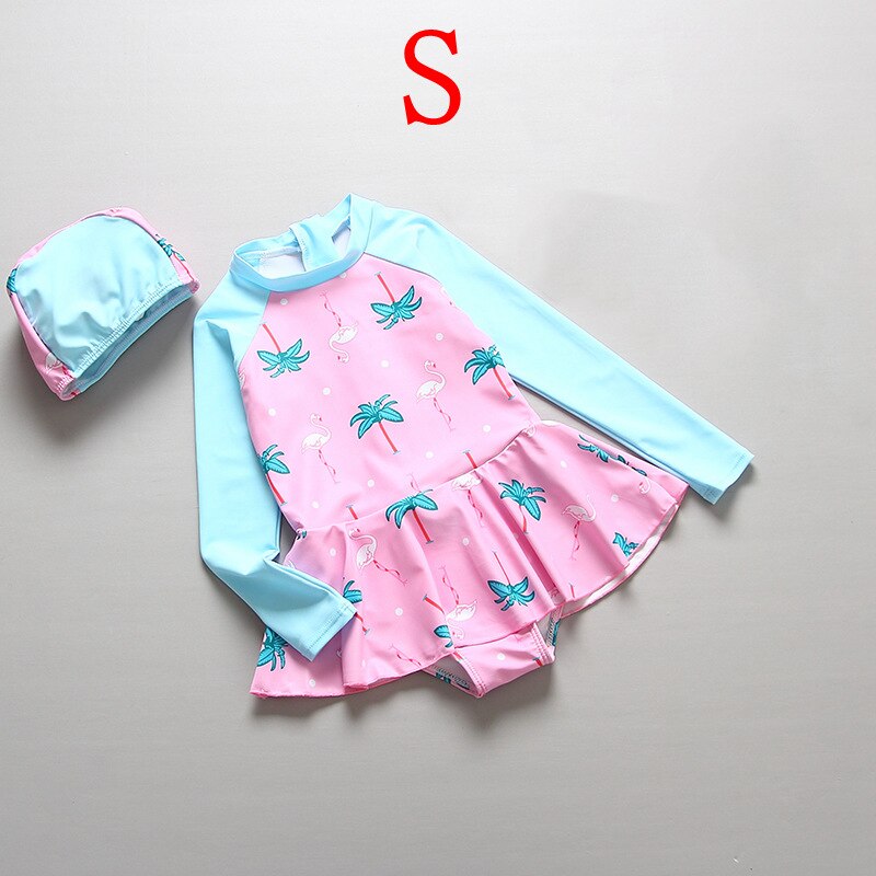 Bathing Clothes Girls Long Sleeve Children's Swimwear UV Protection Flamingo Print Beach Skirted Swim Dresses Girls' Swimsuit: S