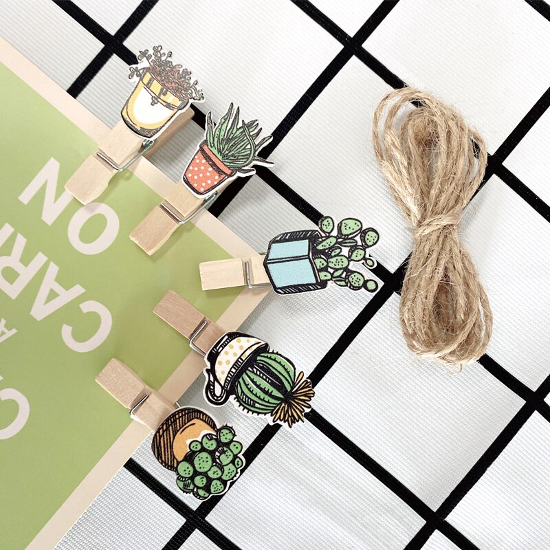 10 Uds de macetas de madera de cactus con cuerda de cáñamo, clip de decoración para habitación, Clips de papel de notas de Cactus bonitos