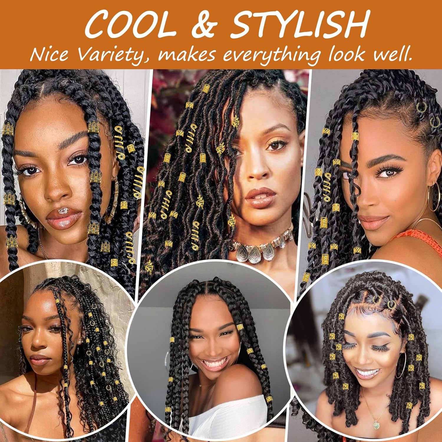 220 peças acessórios de cabelo dourados, joias loc para tranças, joias de cabelo femininas, punho de anel de cabelo de metal para dreadlocks acc