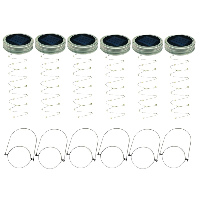 Lumières solaires de couvercle de pot de Mason, paquet de 6 20 lumières de couvercles de pot de luciole d'étoile de fée de ficelle de Led, 6 cintres inclus (pots non inclus), Patio