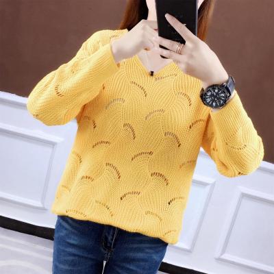 Suéter fino de verano para mujer, informal, liso, con agujeros, manga larga, cuello en v, prendas de punto sueltas, suéteres de punto: Amarillo