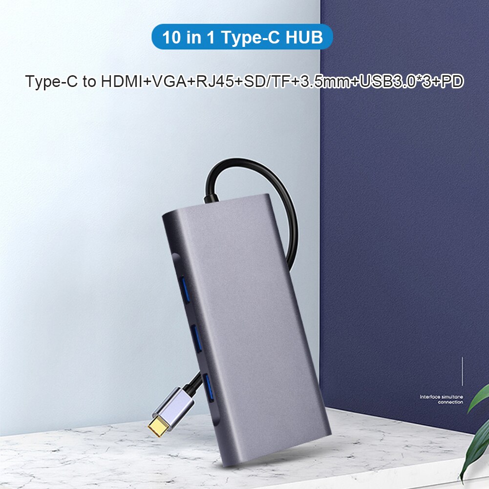 Grey Aluminum Shell 10 in 1 Docking Station Hub USB C HUB Station RJ45 VGA 3 USB3.0 3.5mm SD TF HDMI-compatible PD Adapter