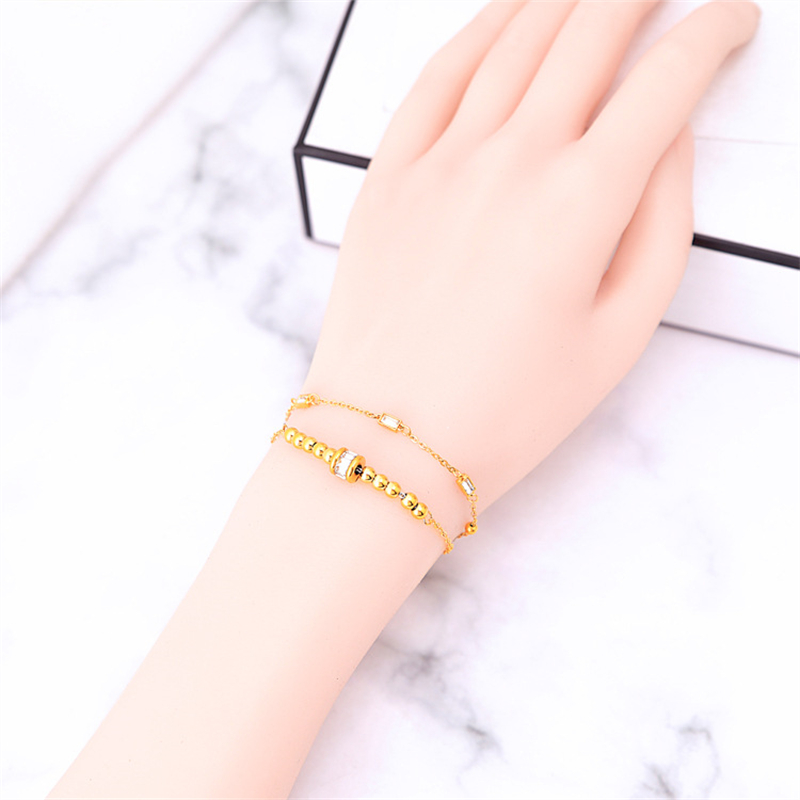 Pulsera de cadena de acero inoxidable 316L para mujer, joyería fina de , cuentas giratorias de circón incrustadas de 2 capas,