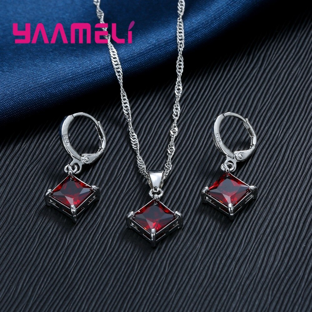 Authentieke 925 Sterling Zilveren Glanzende Cz Geometrische Klassieke Vierkante Huggie Oorbellen Ketting Sets Voor Vrouwen Fijne Sieraden