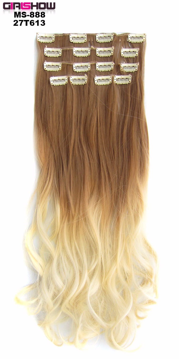 Girlshow Clip in on synthetic Dip dye Hair Extensions 7pcs/set 22" Long wavy Heat resistance fibre ombre Hair MS-888, 90g/set