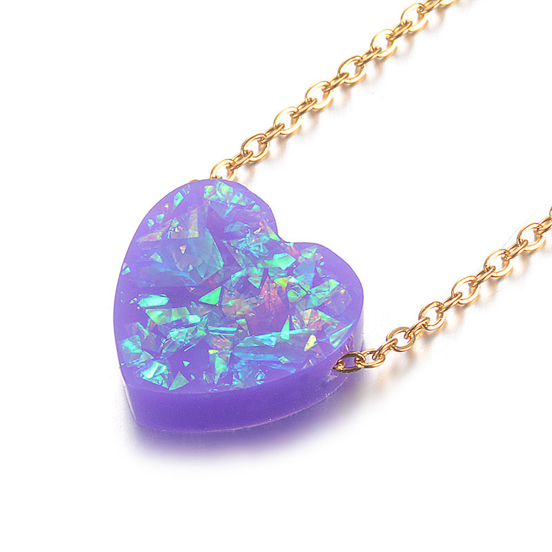 6 Colors 12mm Heart Shape Opal Stone Pendant Necklace 316L Stainless Steel Gold Chain Collar Jewelry Girlfriend: Purple