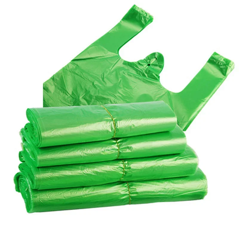 100PCS Green Plastic Packaging Bags with Handle Vest Bag Supermarket Grocery Shopping Bag Thicken Food Kitchen Home Storage